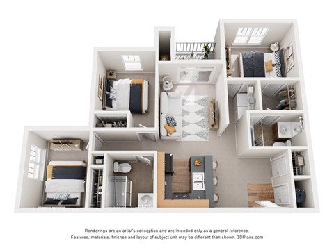 Floor plan for 3 beds, 2 baths, 1256 sqft